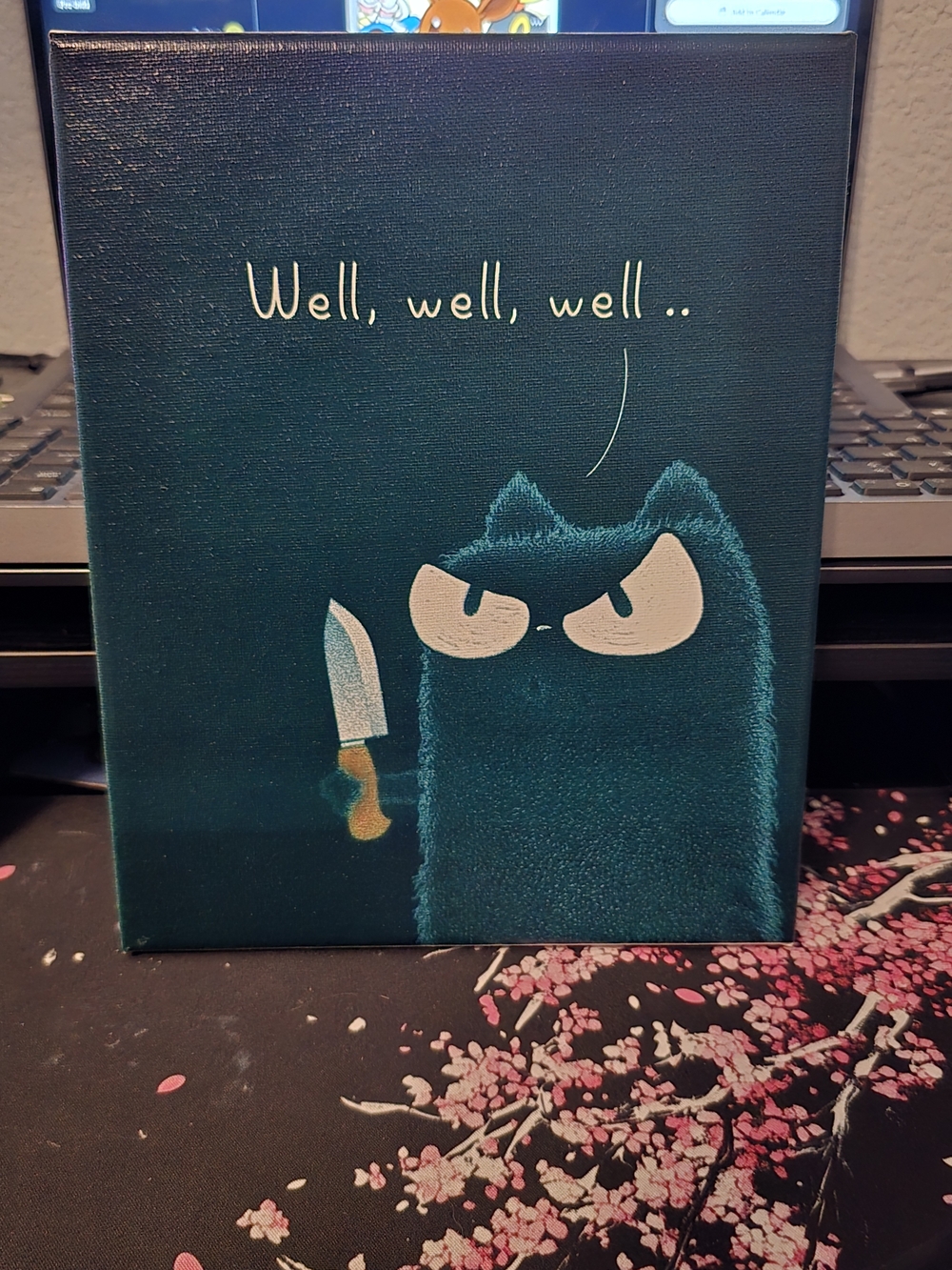 8x10 Cat and Knife Canvas Painting in Black & Blue